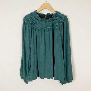 Ann Taylor Teal Long Sleeve Ruffled Yoke Blouse